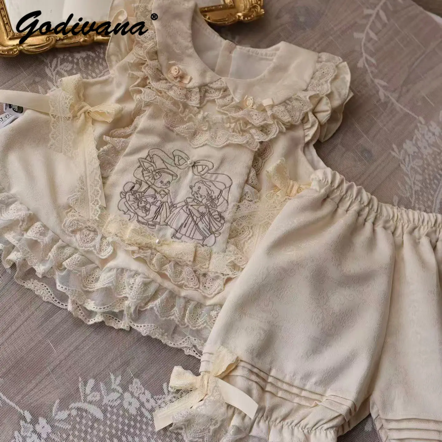 

Original Baby Girls Cute Kindergarten 2pcs Set Kids Spring New Fashion Lace Bow Ruffle Trim Sleeveless Doll Collar Top and Pants