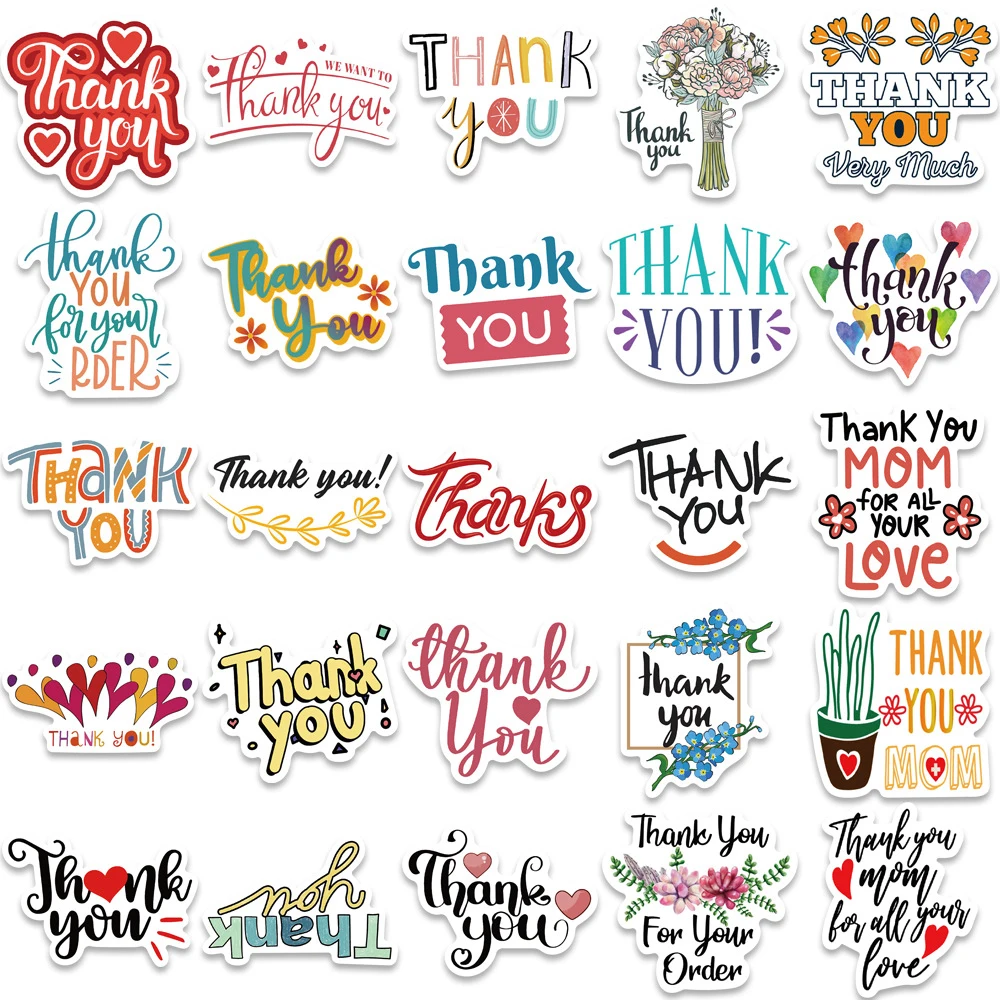 10/30/50PCS Aesthetic Phrases Thank You Stickers Colorful Graffiit Decals PVC DIY Suitcase Phone Fridge Guitar Gift Sticker Toy