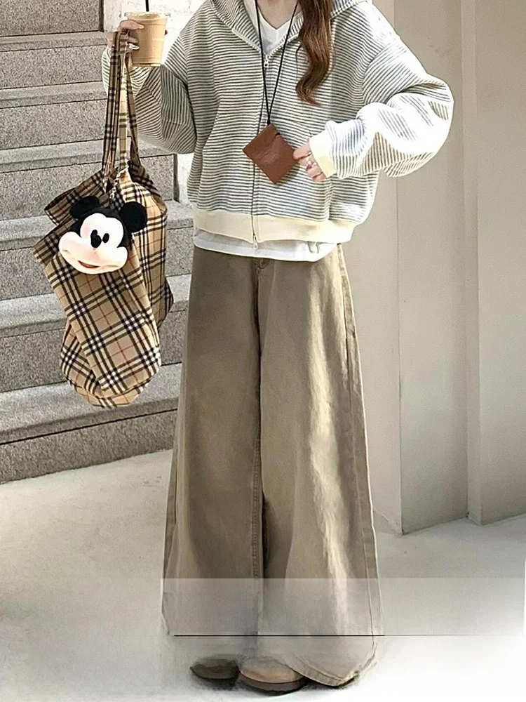 

Джинсы-клеш женские больших размеров, в стиле ретро, цвет хаки, для осени и зимы, с низкой посадкой, на молнии, стройнящие фигуру