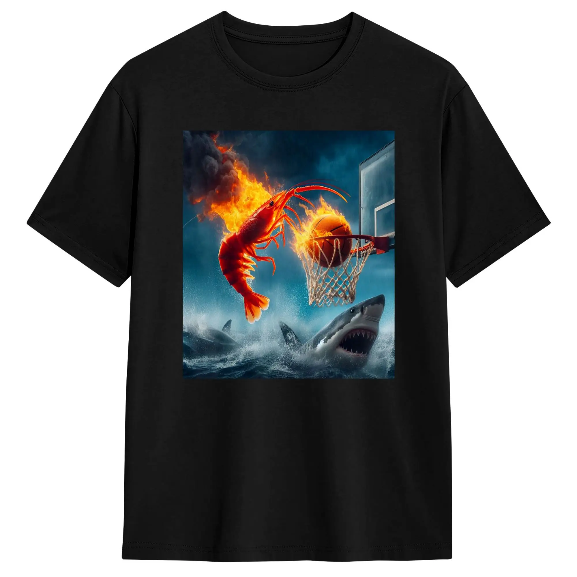 Streetwear T Shirt Beach Shrimp Dunking on Shark Funny Fishing Meme Hippie T-Shirts  Pure Cotton Tshirt for Men Awesome Top Tees