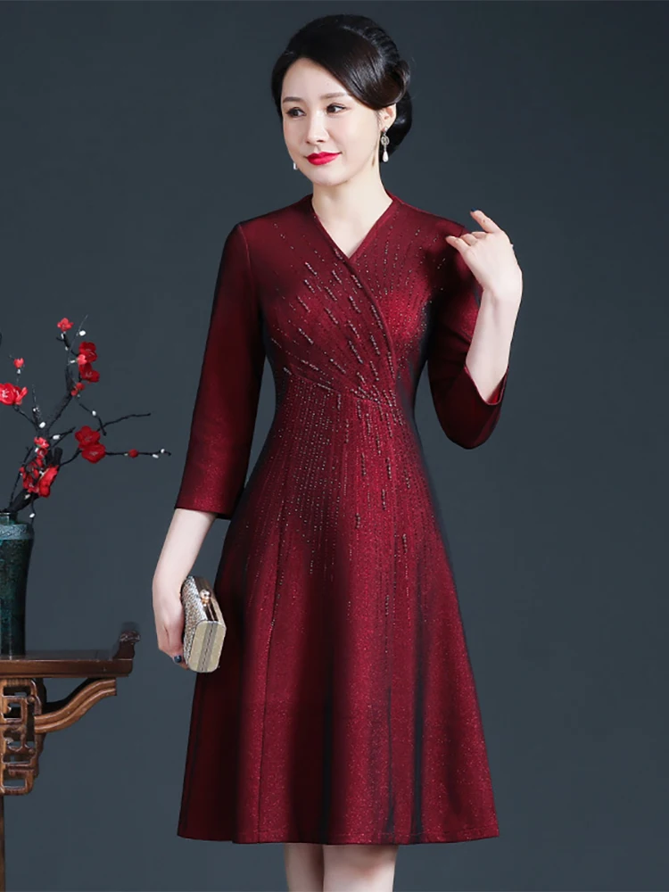 Yourqipao 2023 Autumn High-end Red Medium Sleeve Cheongsam Wedding Banquet Qipao Chinese Style Evening Dress for Women Mother