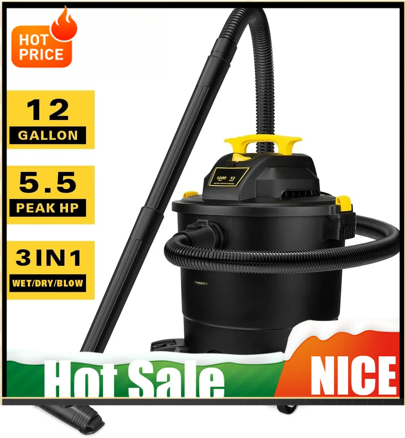 

Пылесос Choiceness12 для сухой и влажной уборки, 12 галлонов, 5.5 л.с., многофункциональный 3-в-1 пылесос для мастерской с функцией выдува, шланг 1-7/8"x6, для гаража