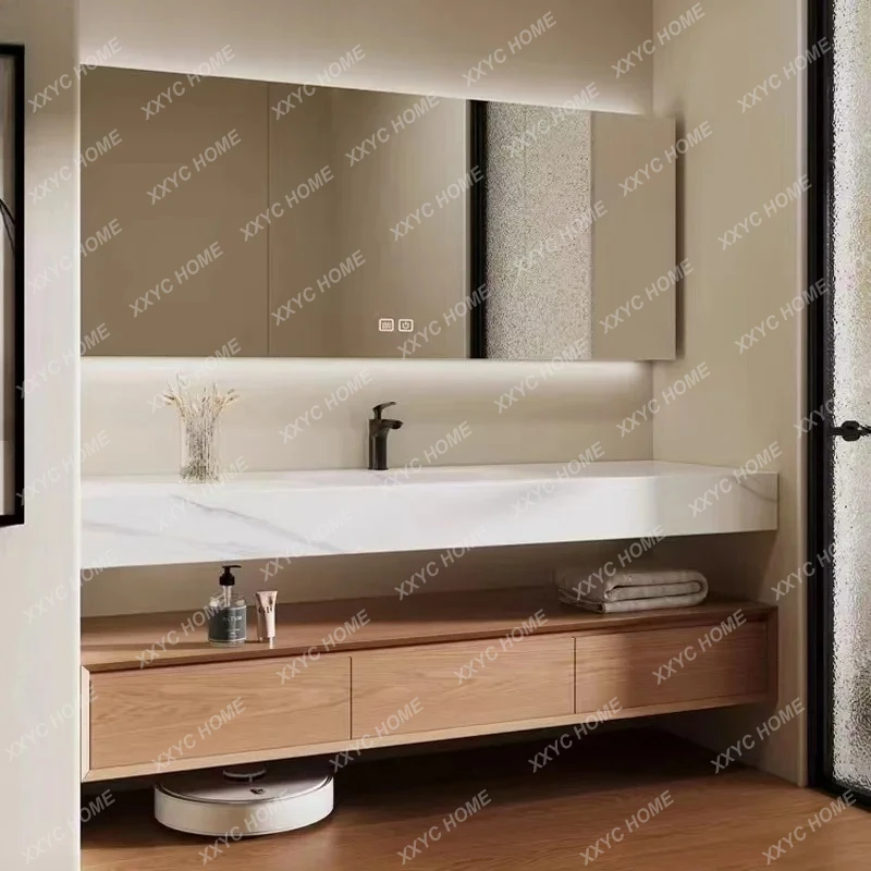 XX  LXSeamless ceramic basin, red oak bathroom cabinet, combined rock slab hot bending integrated basin, face wash table