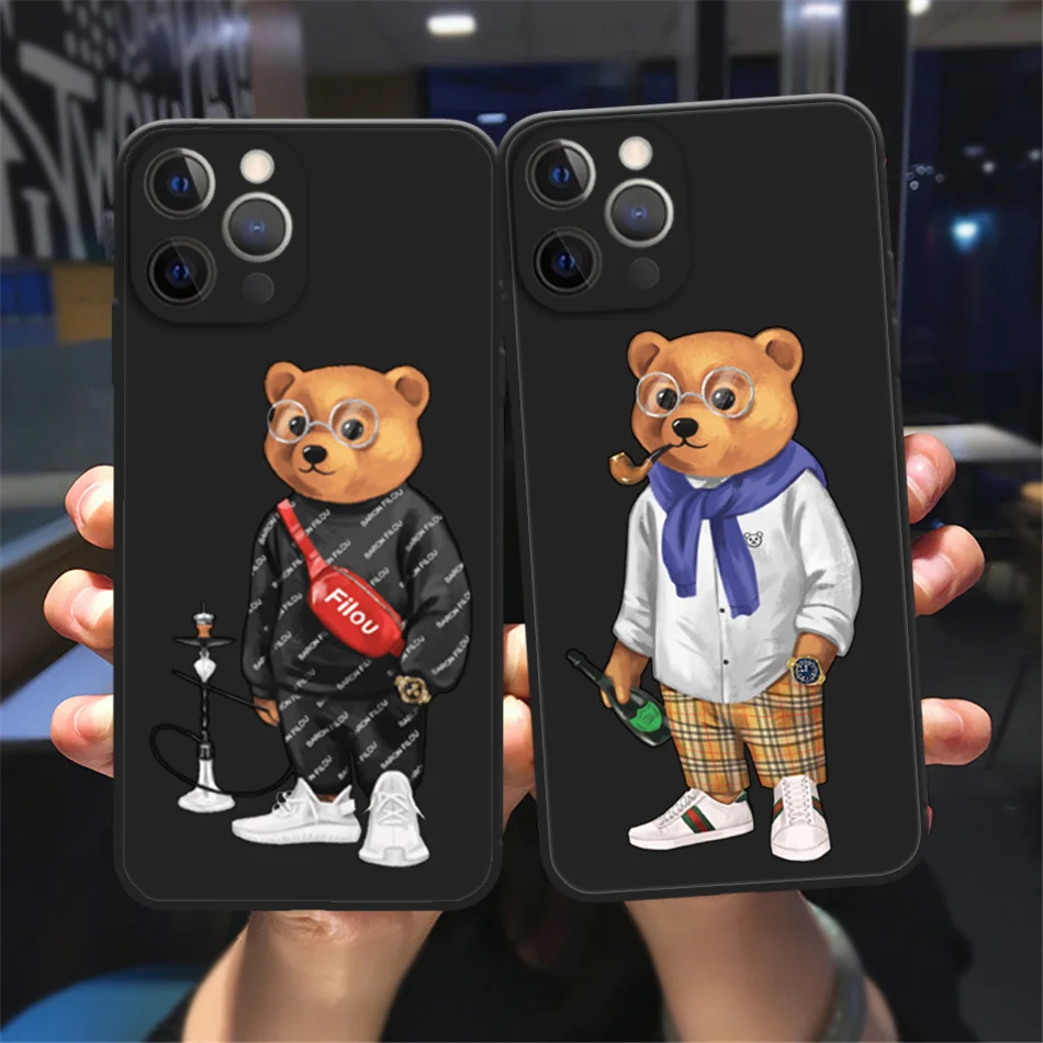 Cute Bear Fashion Brand Protective Case for IPhone 13 12 11 14 15 16 Pro Max 15 16 Plus 13MINI Black Silicone Soft Bumper Cover