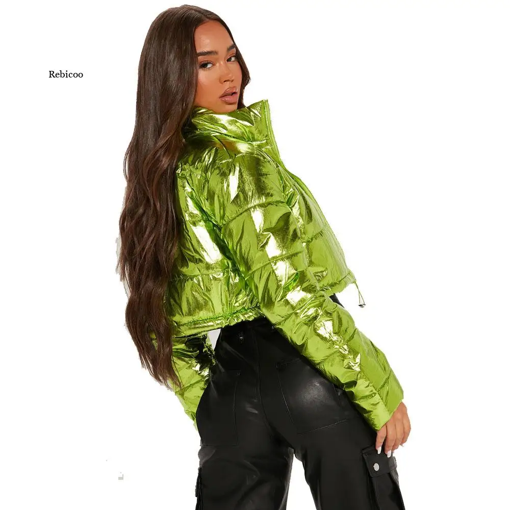 Fashion Cute Women Bright Pu Puffer Jacket Winter Warm Bubble Coats Shiny Leather Parkas Down Zipper Cropped Jackets Parkas