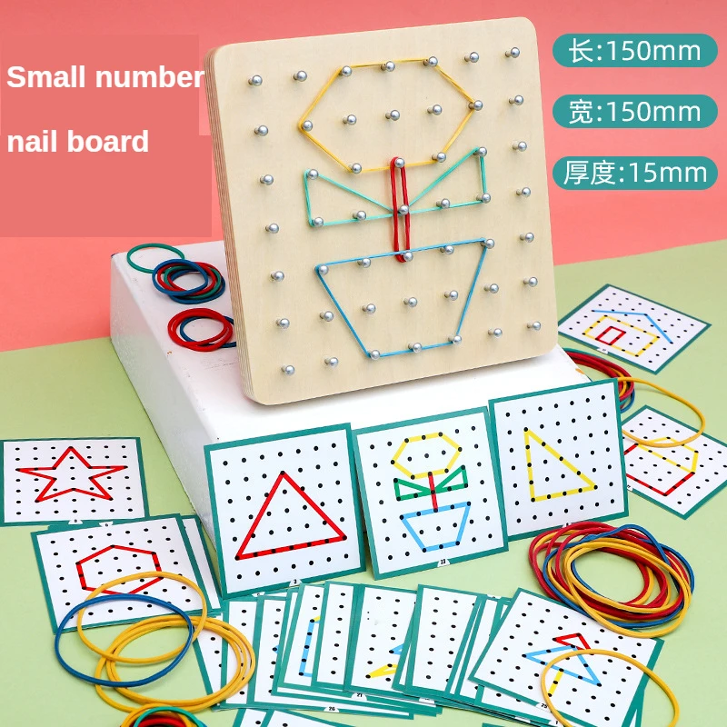 Children Math Wooden Toys Set Geometric Shape Rubber Band Nailboard Game Montessori Educational Creative Toy Fine Motor Training