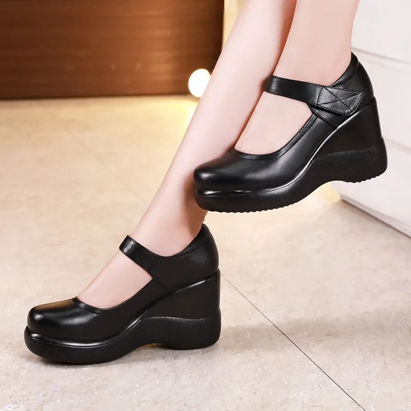 TIMETANG Round Toe Wedge Pumps Women Shoes Mary Jane Shoes Thick Bottom Leather Shoes Platform Pumps Fashion Brand New Plus Size