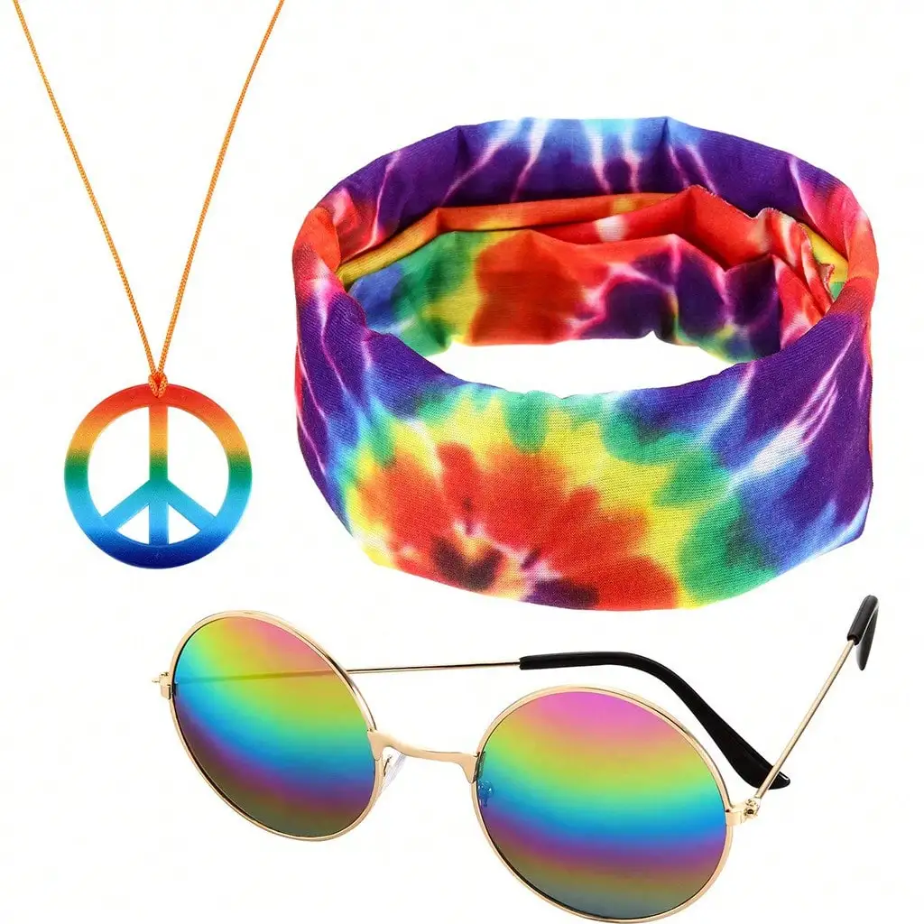 

3-Piece Rainbow Tie-Dye Accessory Set: Headband, Peace Sign Necklace & Round Mirror Sunglasses