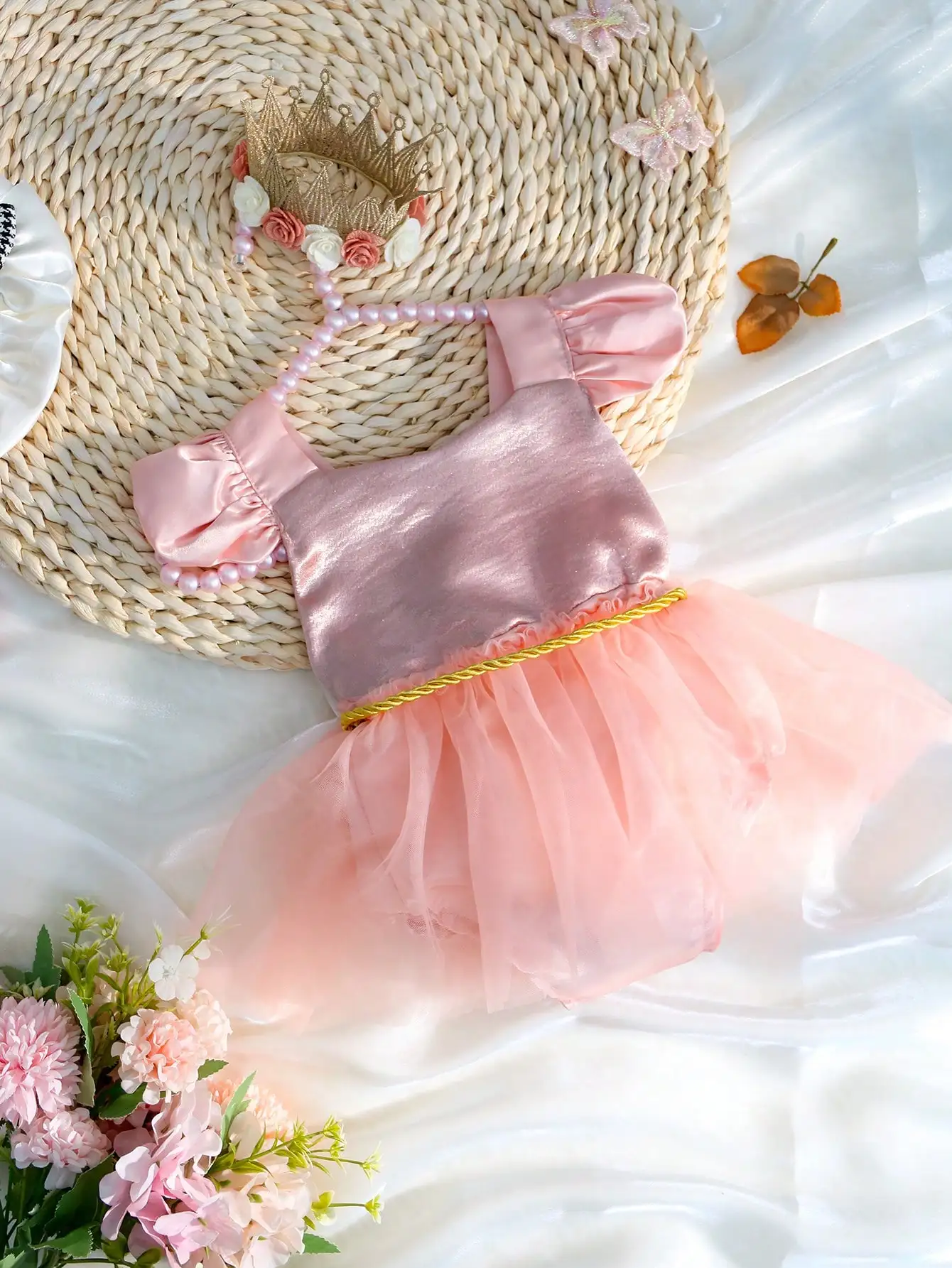 Ylsteed Baby Girl Photography Romper with Rose Crown Headwear Newborn Photo Props Dusty Pink Dress Infant Picture Idear