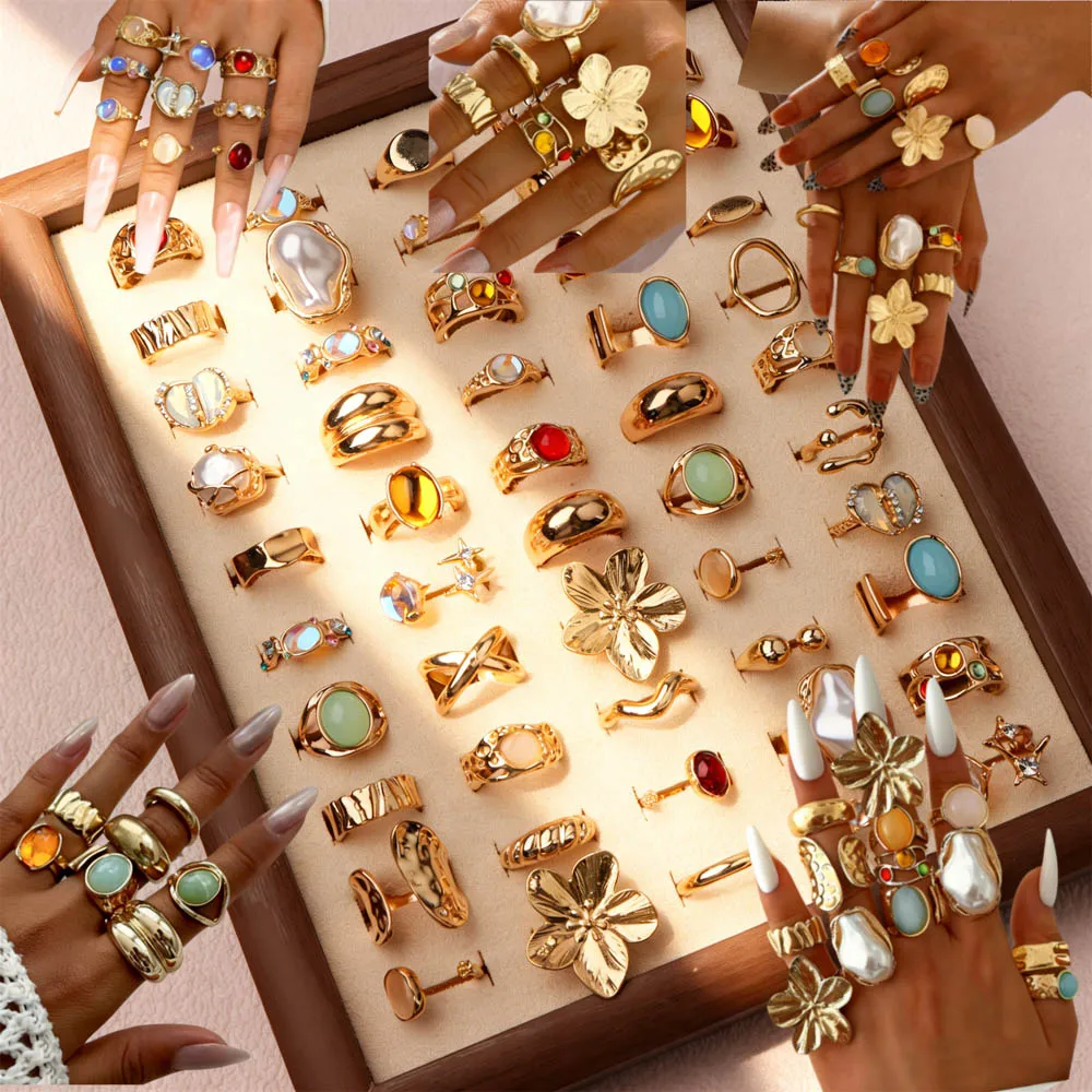 10/20/30/50 unids/lote moda elegante encanto Irregular exagerado Metal flores anillos abiertos mujeres barroco joyería de perlas de imitación