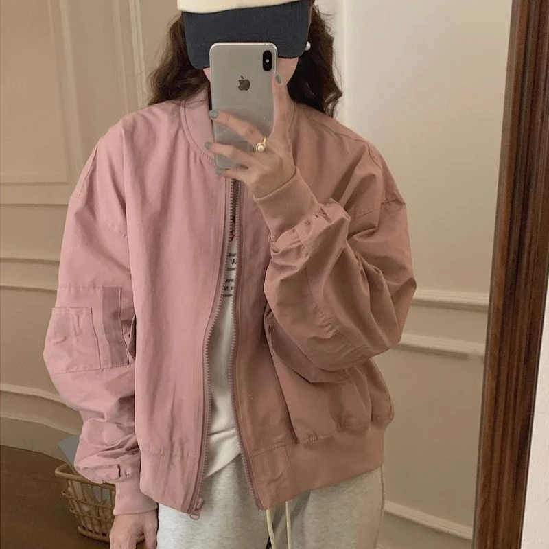 Japanese Style Cropped Baseball Women Loose Fit Bomber Workwear Coat Spring Autumn Fashion Petite Short Outerwear