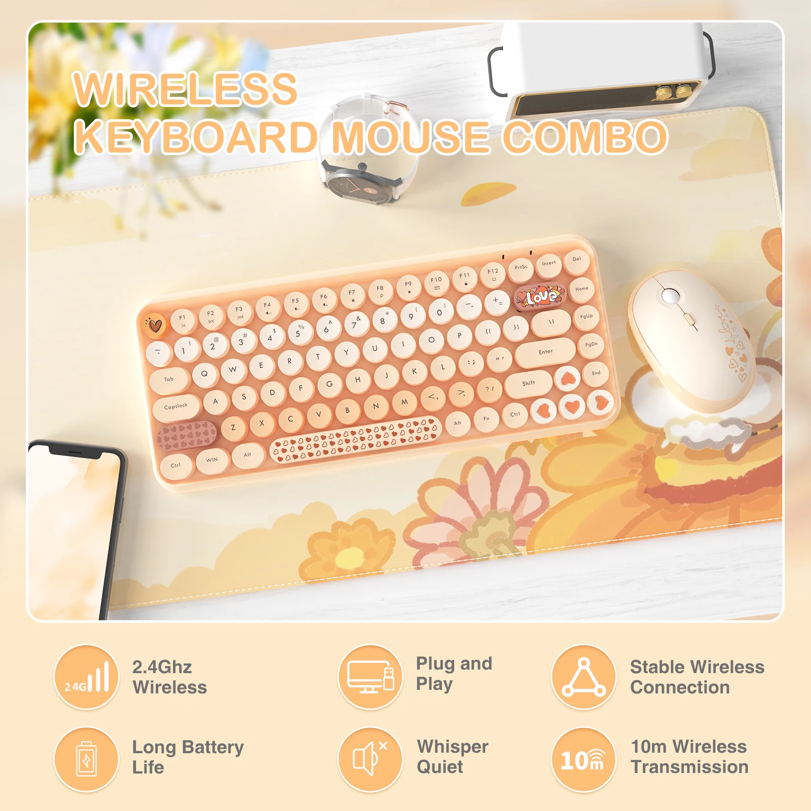 ATTACK SHARK 308i Color Gradient Wireless Keyboard and Mouse Set, Retro Typewriter Keyboard with Cute Themed Round Keycaps