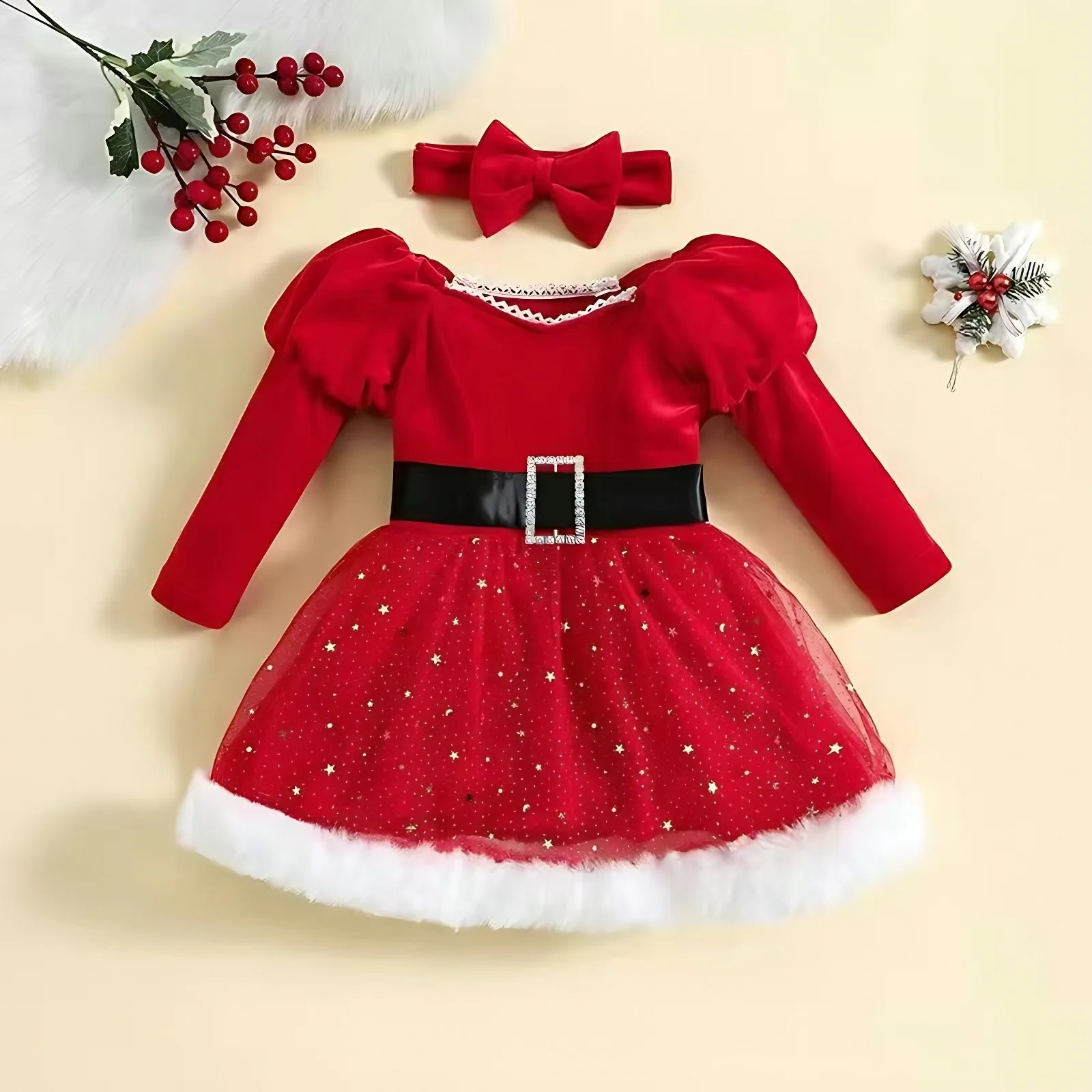 Girls Christmas Velvet Dress with Star Tulle Skirt Fuzzy Trim Princess Party Gown for Kids Holiday Pageant Photography Outfit