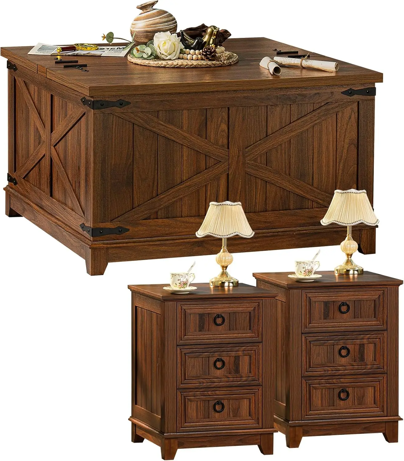 

Farmhouse Coffee Table Set of 3, Furniture Set, Coffee Table with Hidden Storage Organizer and Nightsand 3-Piece Set, Large Coun
