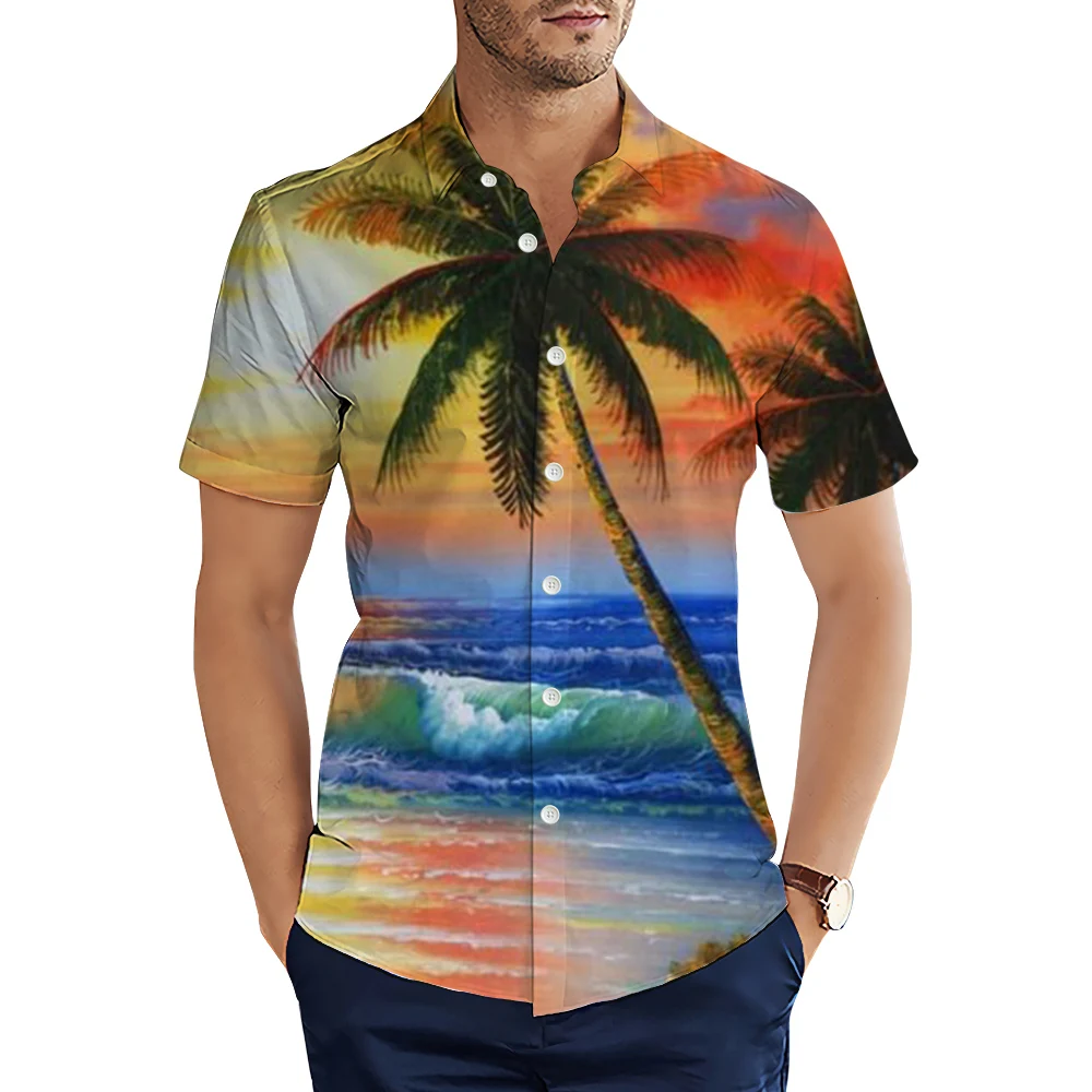 HX Fashion Hawaii Shirts Island Beach Sunset Coconut Tree 3D Printed Casual Shirts Men Summer Short Sleeve Tops Camisas