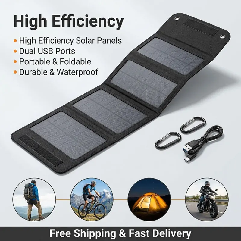 4-Fold 100W Solar Charger Panel, 20W Per Hour Output, Portable 5V USB DC Fast Charger, Outdoor Power for Camping Travel