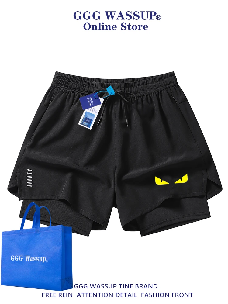 

Ice Silk Fitn Training orts Men's Summer Tee-quarter Length False Two-Piece Monster Devil's Eye Pattern Casual Pants