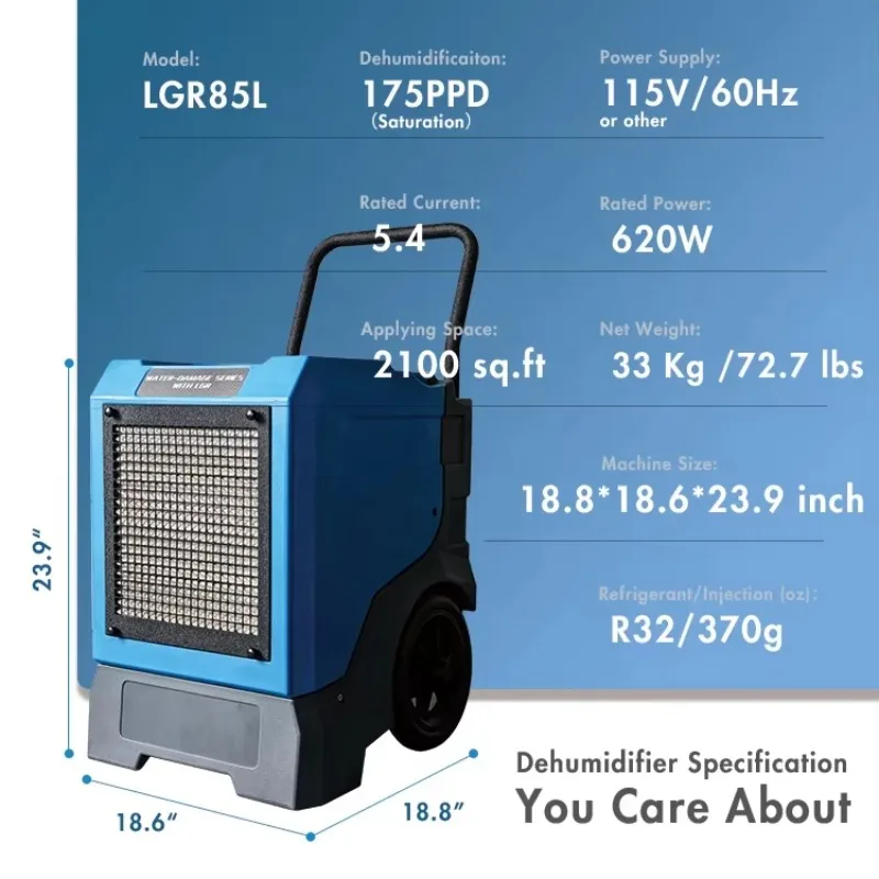 Commercial large portable 175 pints water damage restoration dehumidifier air purifier for basement