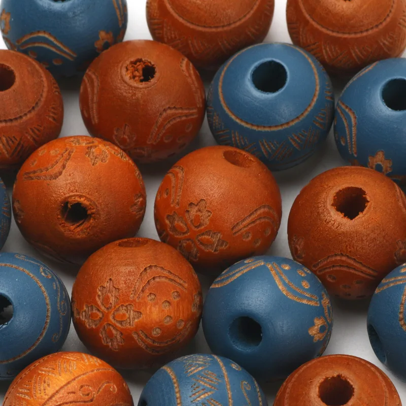 Natural Wooden Beads Carved Pattern Colored Wood Beads 16mm 5/10pcs Loose Round Balls Beads Findings For DIY Jewelry Accessories