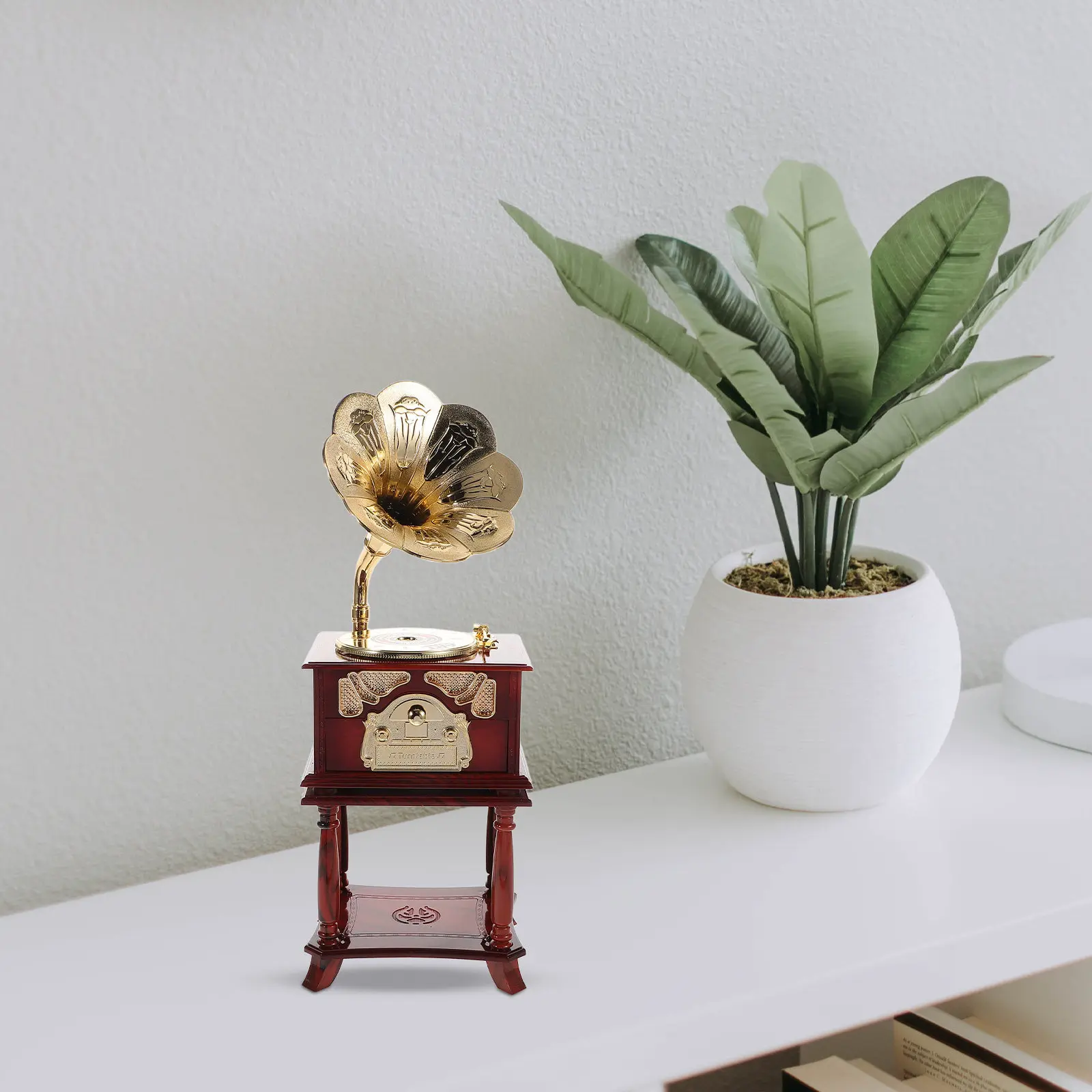 Creative Carved Gramophone Music Box Vintage Mini Tabletop Decor with Exquisite Craftsmanship Retro Melody Player for Home