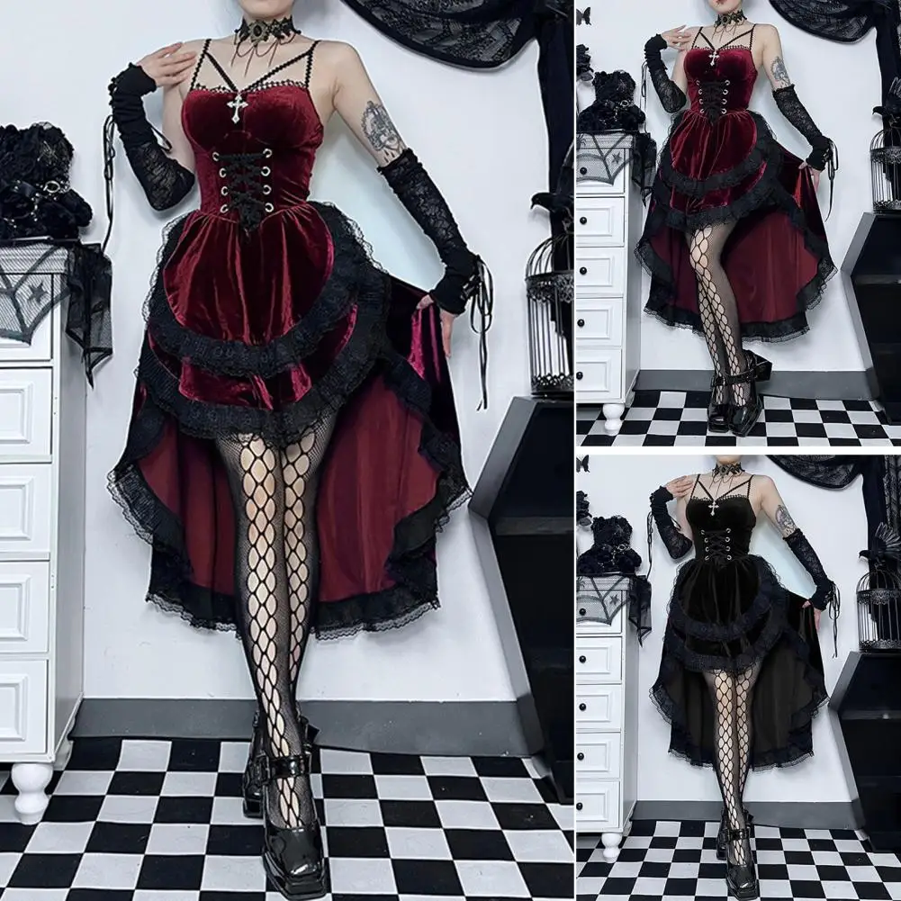 Loose Cut Pleated Dress Dark Style Lace Patchwork Halloween Party Costume for Women with Irregular Hem Adjustable for Cosplay