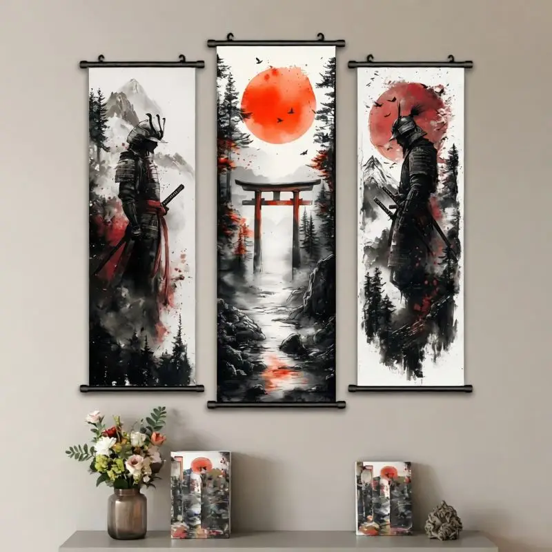VIKAMA Bushi Warrior Shrine Gate Wall Tapestry Crimson Sun Pine Forest River Sumi-e Scroll Art Home Decor Unique Gift Soft Cozy