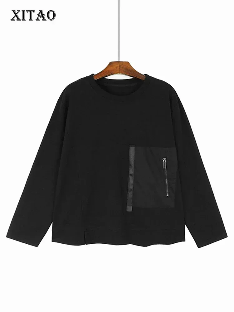 

XITAO Solid Color O-neck Long Sleeve T-shirt Zippers Patchwork Patch Casual Simplicity Autumn Women New Pullover DMJ3611