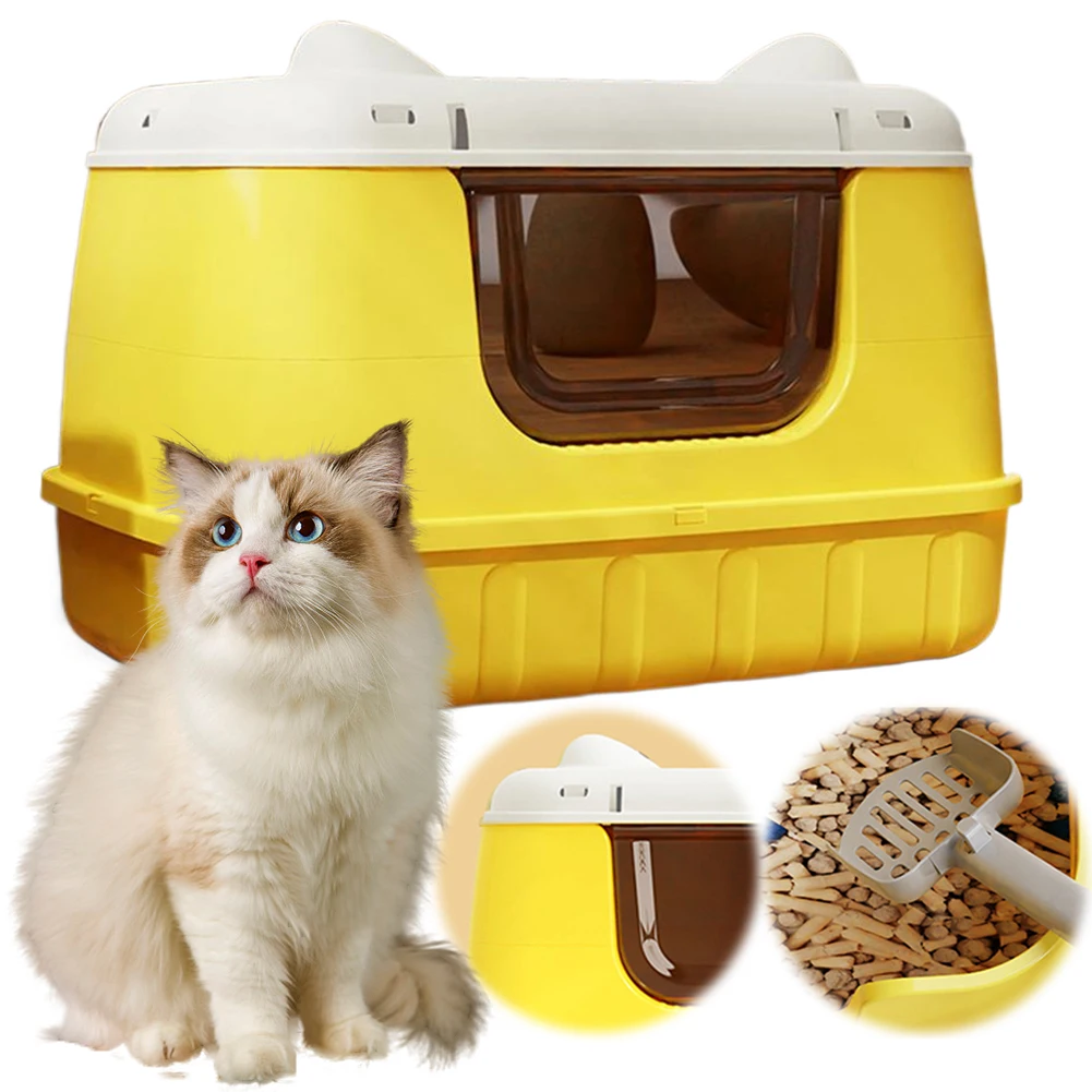 

Large Cat Litter Box Enclosed Cat Toilet with Handle Kitty Litter Tray with Lid for Larger Cat Breeds Or Multiple Cat Households