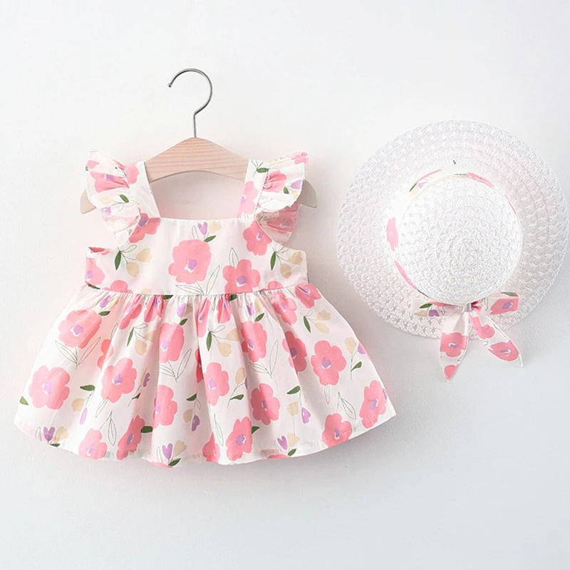 2 pezzi vestiti della neonata vestiti estivi moda coreana carino stampa fiori spiaggia principessa vestito + cappello da sole abiti da bambino