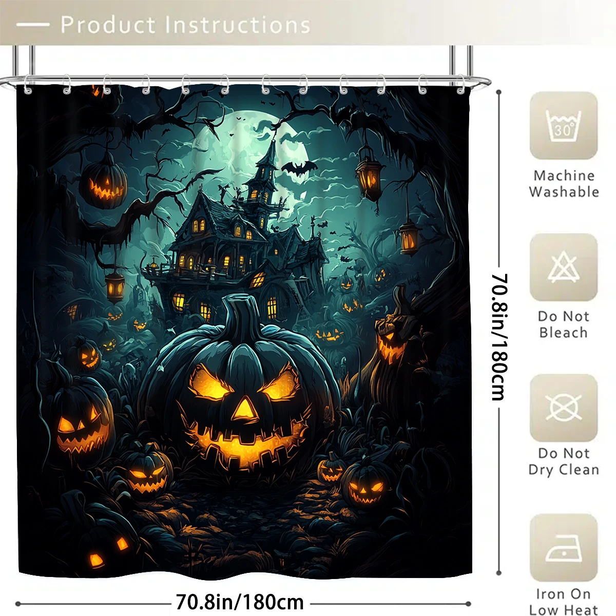 1/4PC Halloween  fear forest pumpkin shower curtain set,waterproof shower curtain and waterproof non-slip carpet,12free hooks