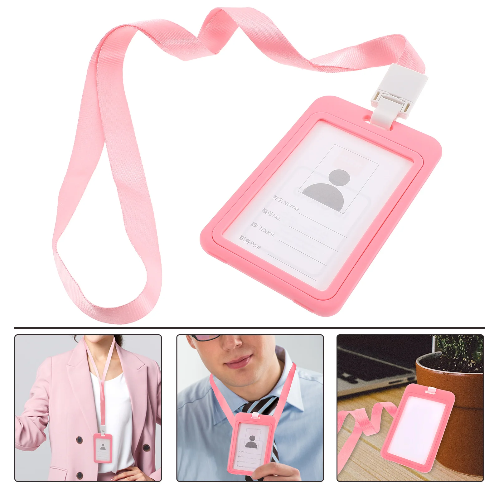 

1 set Plastic Badge Holder Lanyard ID Card Cover Transparent Work Student Use Red Practical Safe Portable Chest Plate