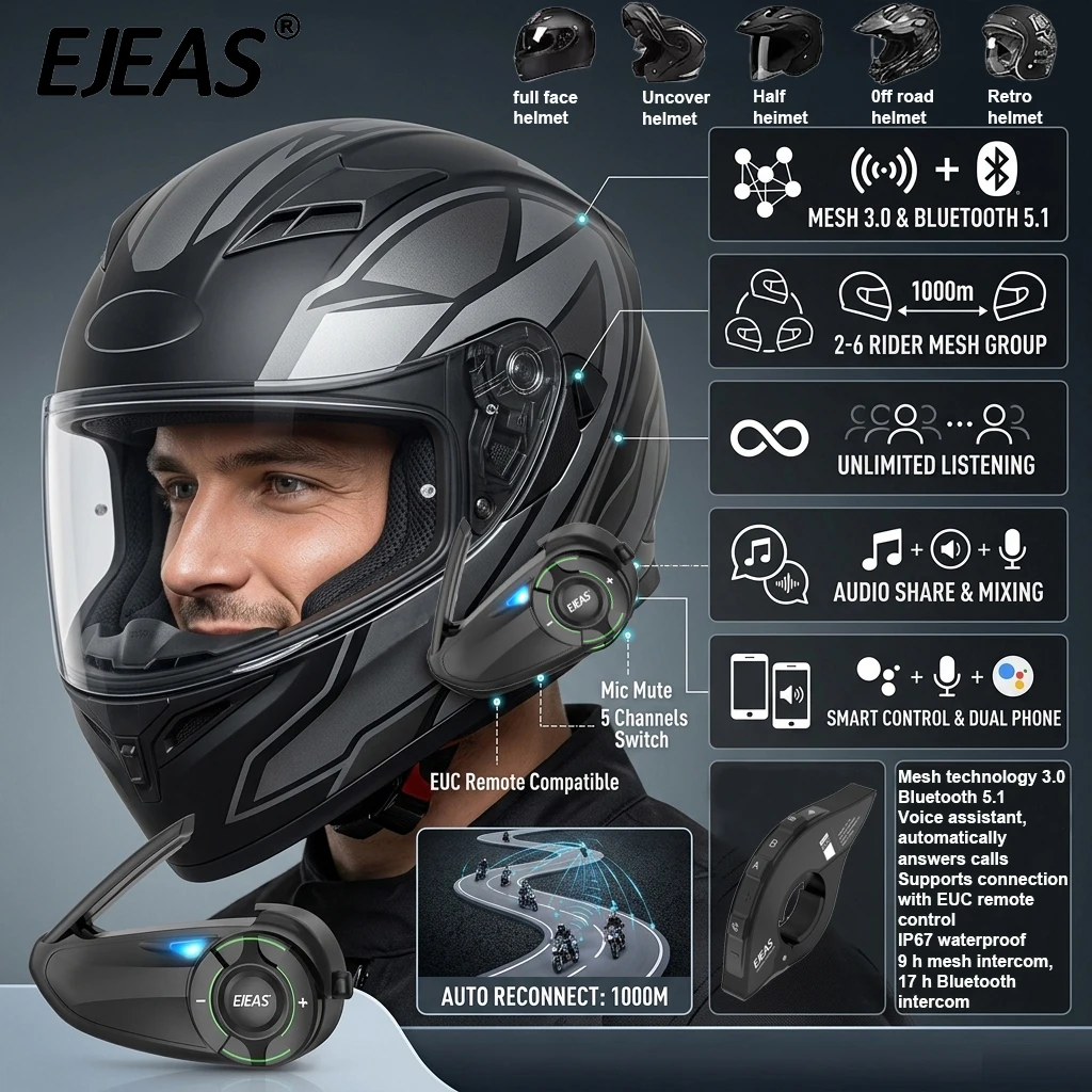 EJEAS Q8 Motorcycle Helmet Mesh 3.0 Intercom Headset Bluetooth 5.1 Music Sharing APP Network Interphone motorcycle helmet intercom system motorcycle helmet bluetooth earphone,with EUC remote controller