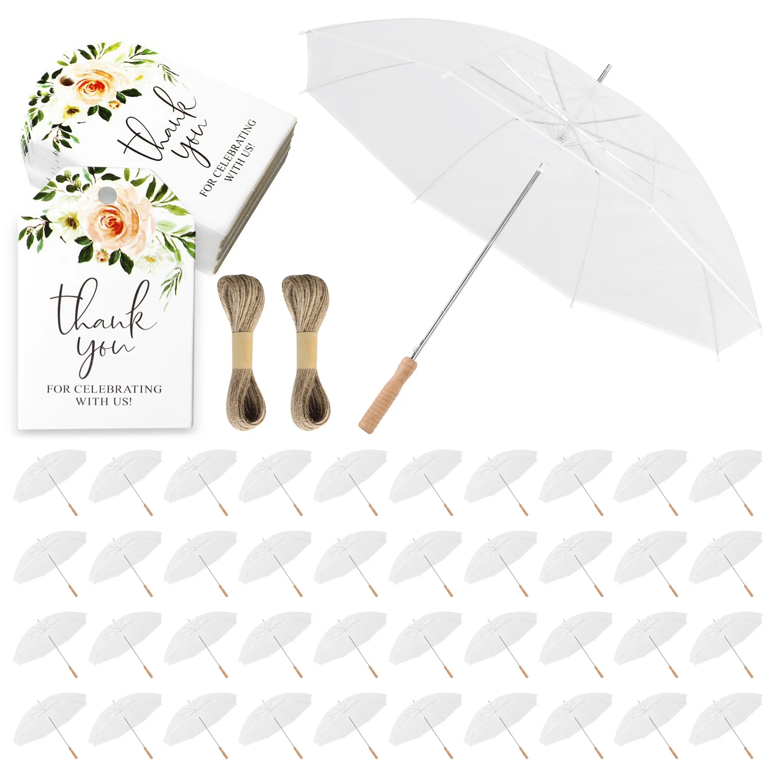

50 Pack Clear Umbrellas Bulk with Thank You Tags and Rope Clear Umbrellas for Wedding for Bride Groom Photography Outdoor Events