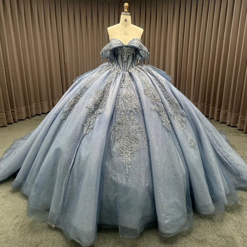

Navy Blue Shiny Quinceanera Dresses Ball Gown Off The Shoulder Sequin Applique Lace Beading Tull Sweet 16 Dress Vestidos 15 De