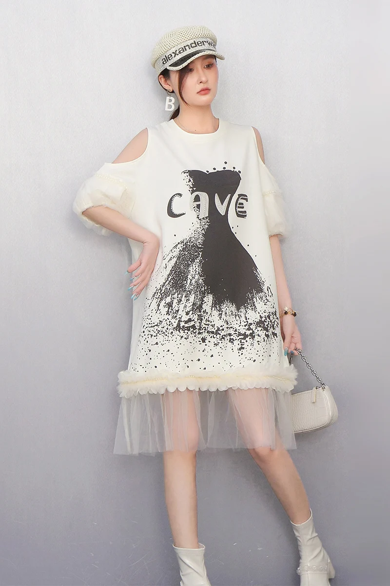 2025 Summer New Elegant Women Loose O-Neck Mesh Off Shoulder T-shirts Long Dresses Ladies Short Sleeve Dress Wholesale J1229