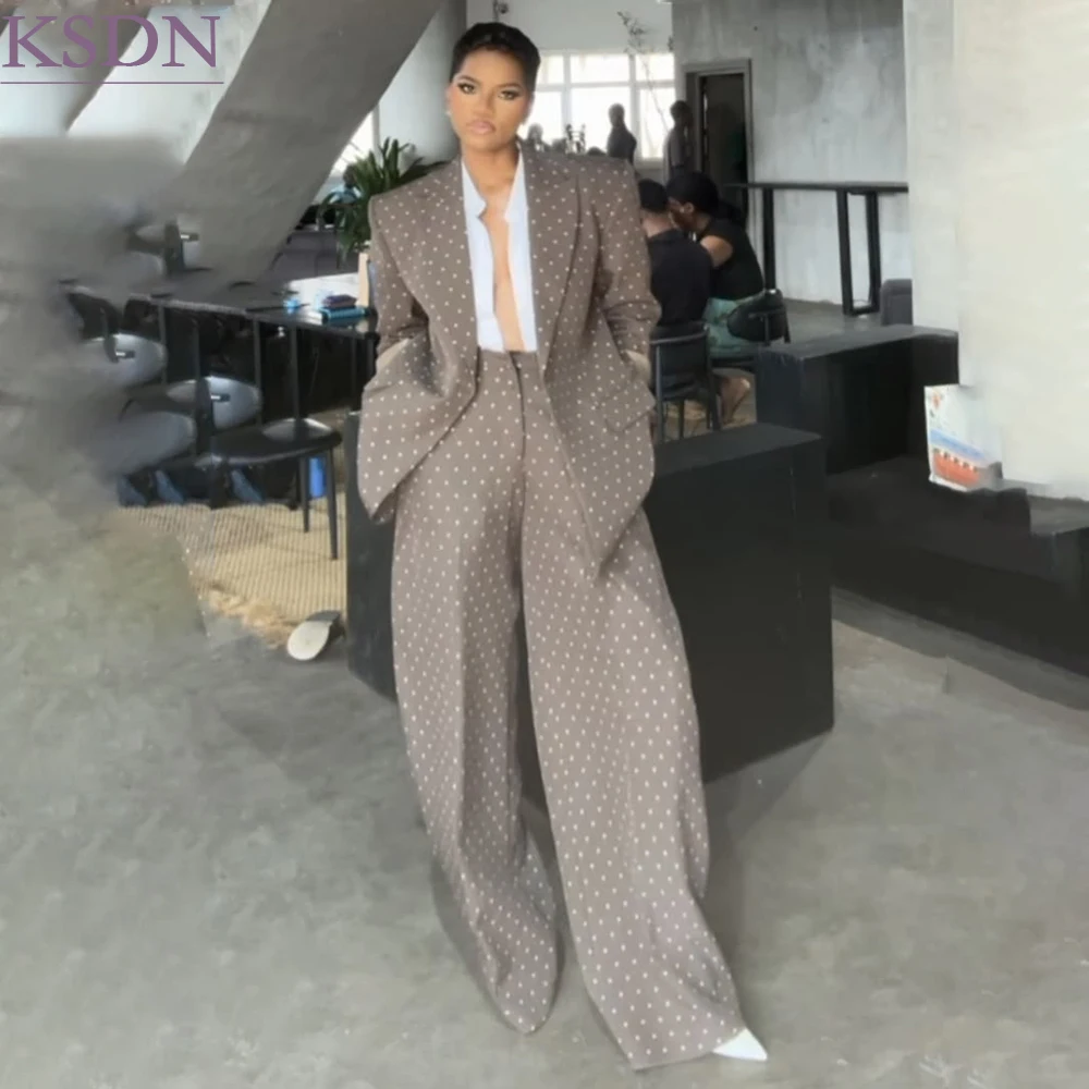 Modern Polka Dot Women's Suits Fashion Single Breasted Oversized Blazer Elegant Peak Lapel 2 Piece Jacket Pants Daily Outfits