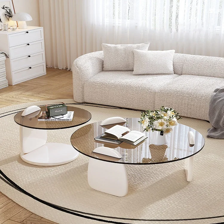

ah-Simple Italian Small Family Living Room Creative Circular Glass Coffee Table Side Table Combination！