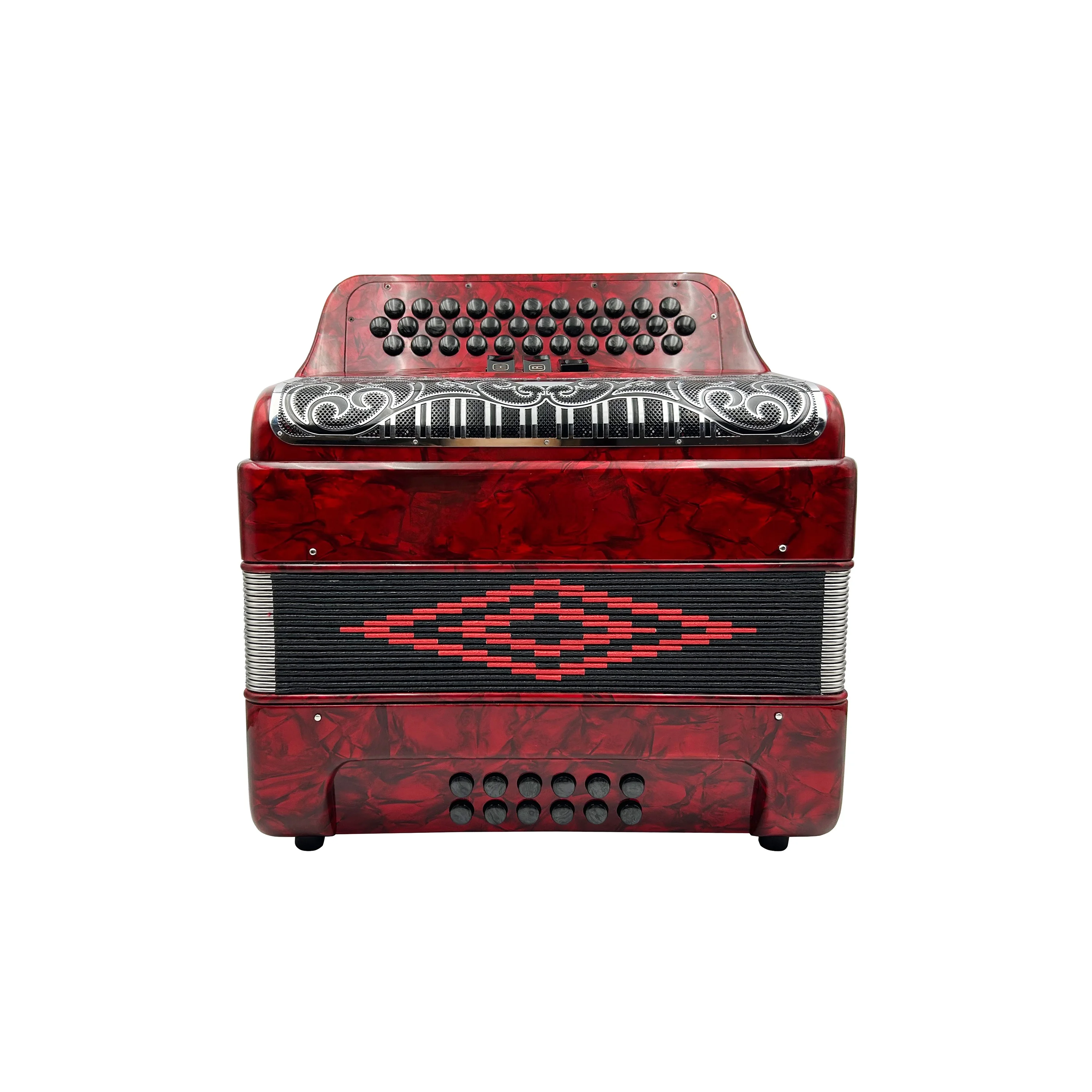

Professional 34-Button 12-Bass 3-Register Accordion JB3412C Wood Red Black/Silver Grill Buttons Red Black Silver