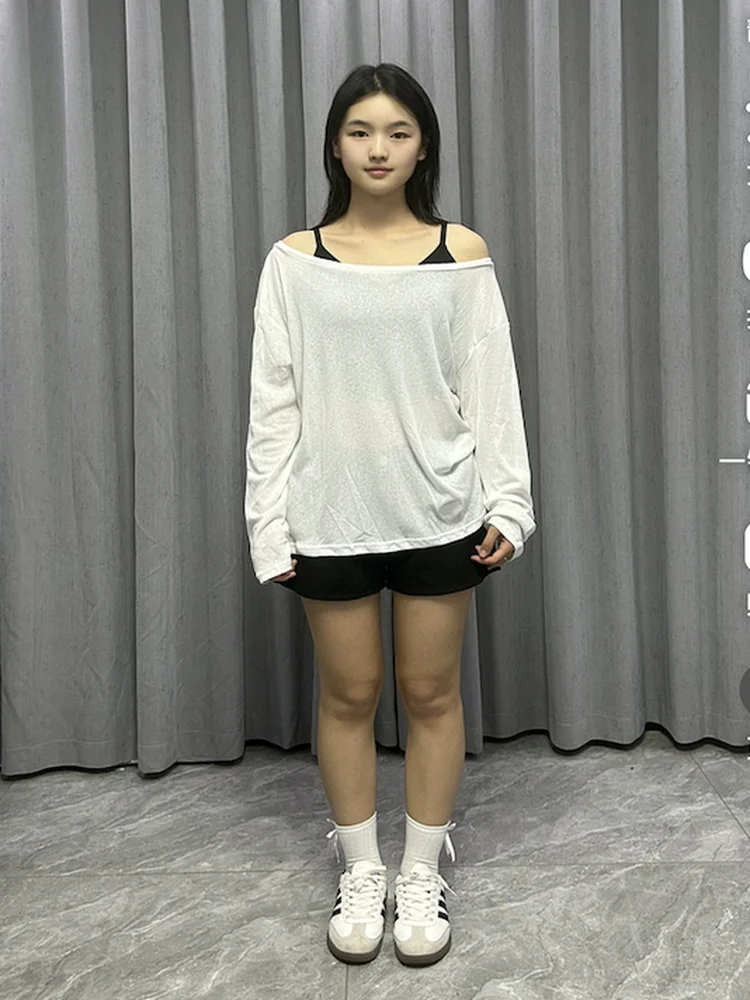 

Свободная длинная футболка Све, белая кружевная повседневная тонкая женская футболка из двух предметов, черный базовый слой на бретельках, корейский Sle Commute Faion