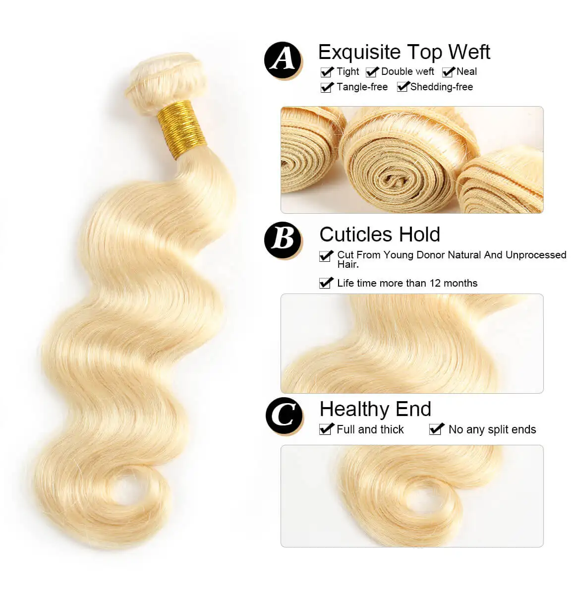 Mèches Brésiliennes Naturelles Body Wave 613 Blond, 13x4, avec Dentelle de Fixation, Tissage, Lots de 3