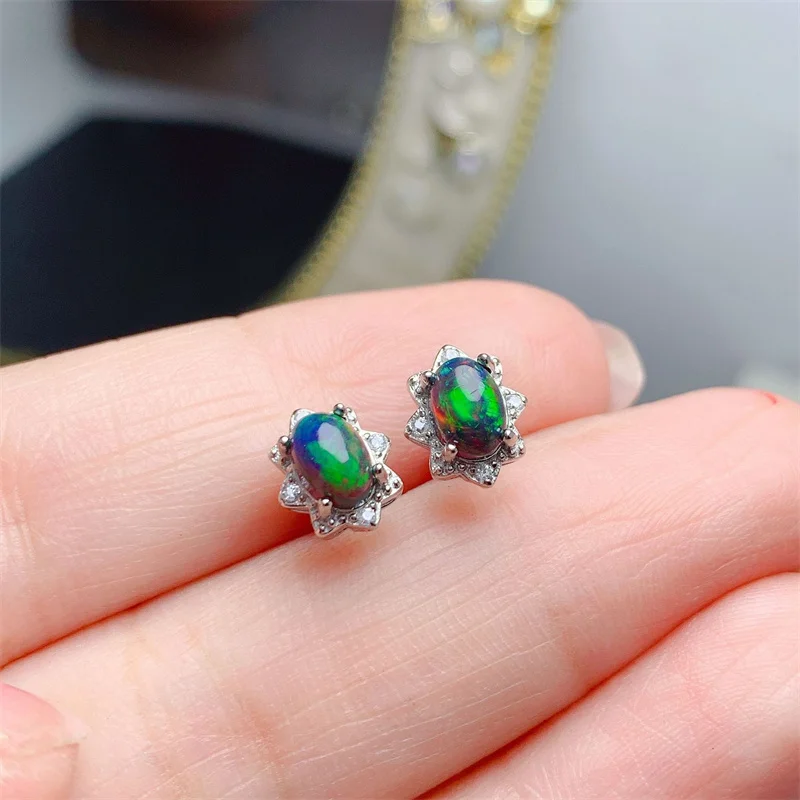 

925 Silver Natural Black Opal Stud Earrings for Women Gorgous Elegant with Certificate