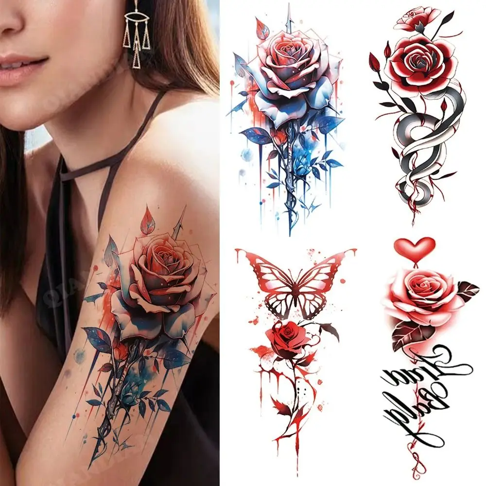 Colorful Flower Waterproof Temporary Tattoo Sticker For Women Flash Pink Heart Rose Butterfly Arm Art Paint Beauty Fake Totem