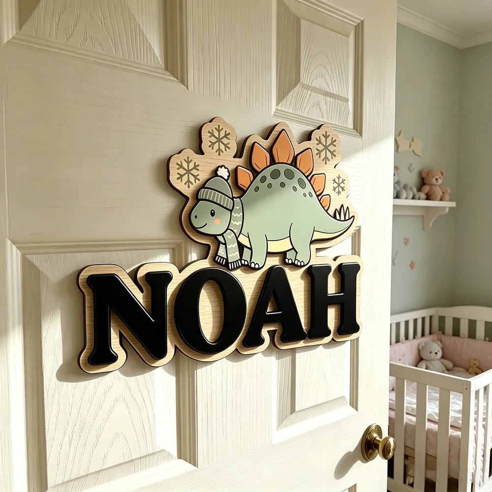 Whimsical Winter Stegosaurus Custom Name Plaque, 3D Wooden Kids Door Sign with Knit Hat, Scarf & Snowflakes, Cozy Seasonal Nurse