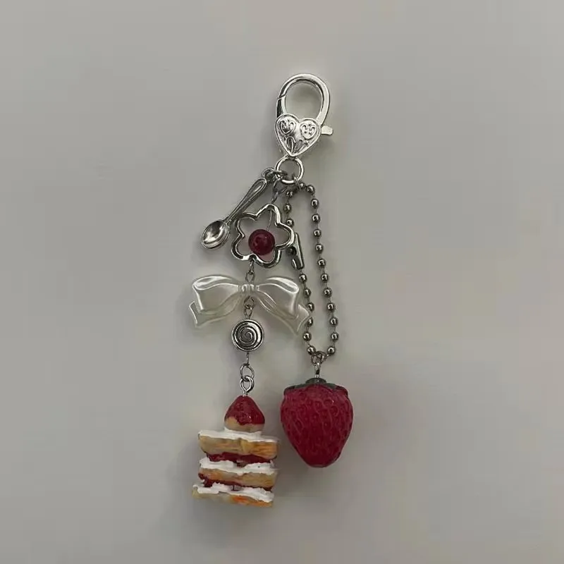 Cute Strawberry Cake Keychain For Women Creative Bow Heart Mobile Phone Lanyard Key Ring Bag Decoration Pendant Jewelry Gift