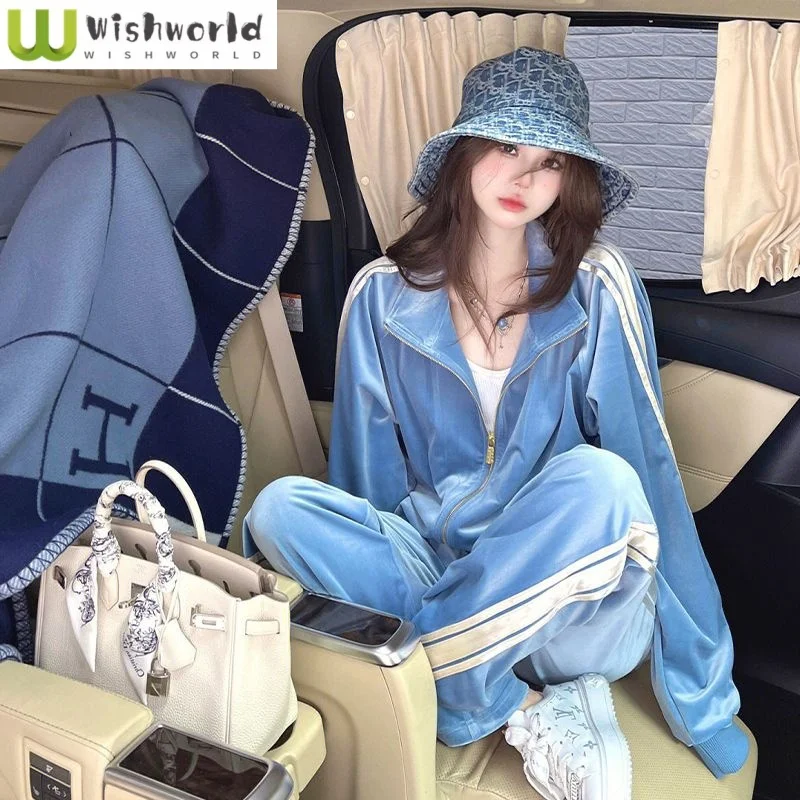 Advanced Light Blue Gold Velvet Long Sleeved Jacket Striped Wide Leg Pants Two-piece Set Fashionable Women's Sports Set