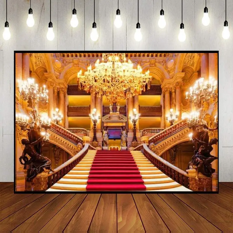 Golden Palace Chandelier Staircase Castle Magnificent Medieval Party Decoration Background Newborn Photography Props Banner