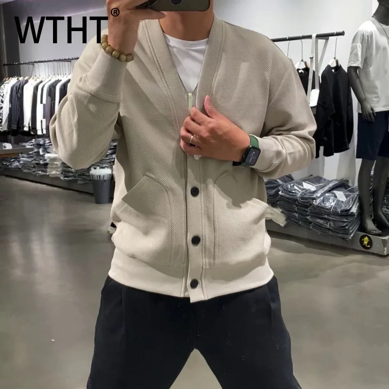 

WTHT модные мужские свободные однотонные свободные пальто с v-образным вырезом, модные осенние однобортные куртки с длинными рукавами 202, мужские 2A1757