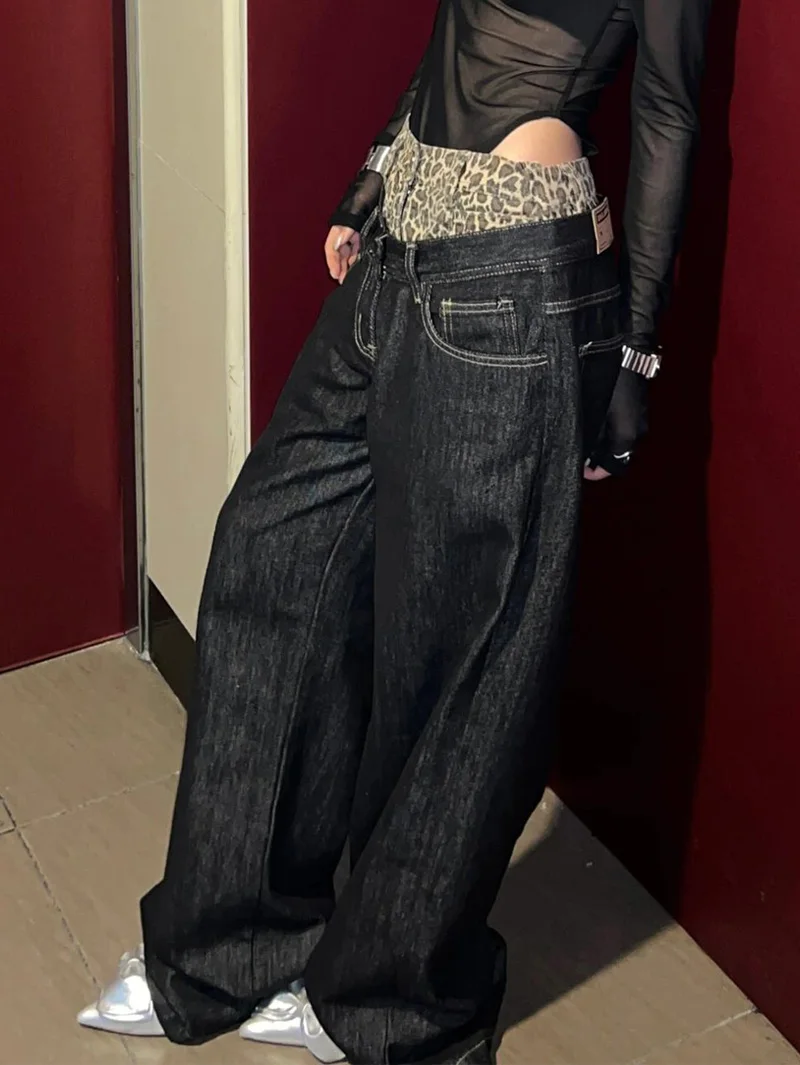 

Американские джинсы прямого кроя в стиле High Street для женщин, с леопардовым принтом и пэчворком, удлиненные, в стиле ретро
