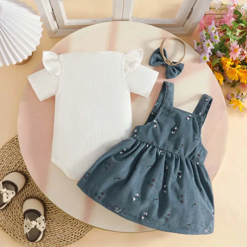 0-18 Months Baby Clothing Girls Outfits Solid Color short Sleeve Bodysuits+Printed Corduroy Bow Skirts+Headband Newborn Clothes