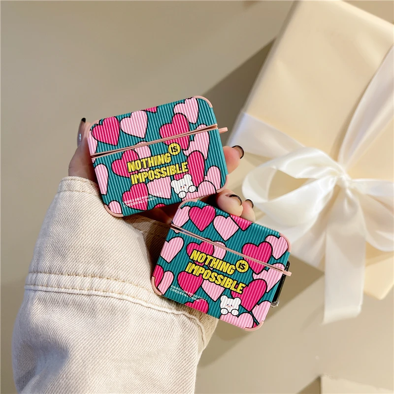 イン韓国落書き愛ハートイヤホンapple airpods 1 2 3プロ正方形ワイヤレスbluetoothヘッドセット革ケースcoque